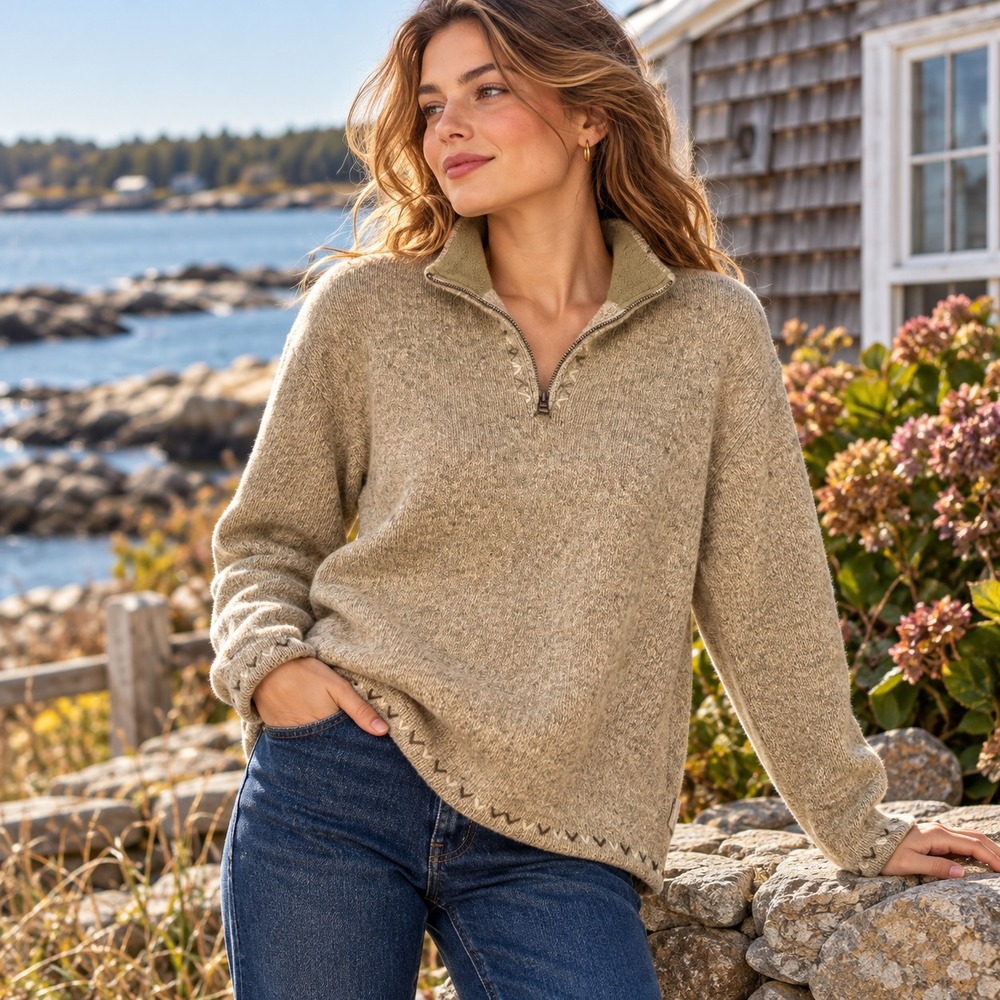 Woolrich Womens Wool Ramie Sweater Sz L British Tan 1/4 Zip Fisherman Heritage
